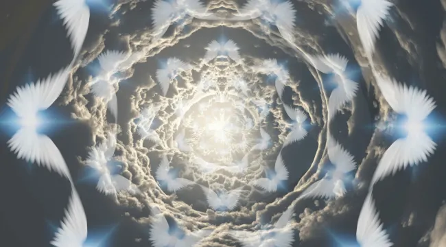 Angels in tunnel of clouds. 3D rendering